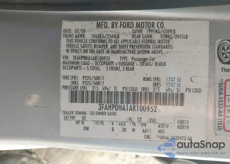 2010 Ford Fusion Se z USA, uszkodzony, nr VIN 3FAHP0HA1AR100952
